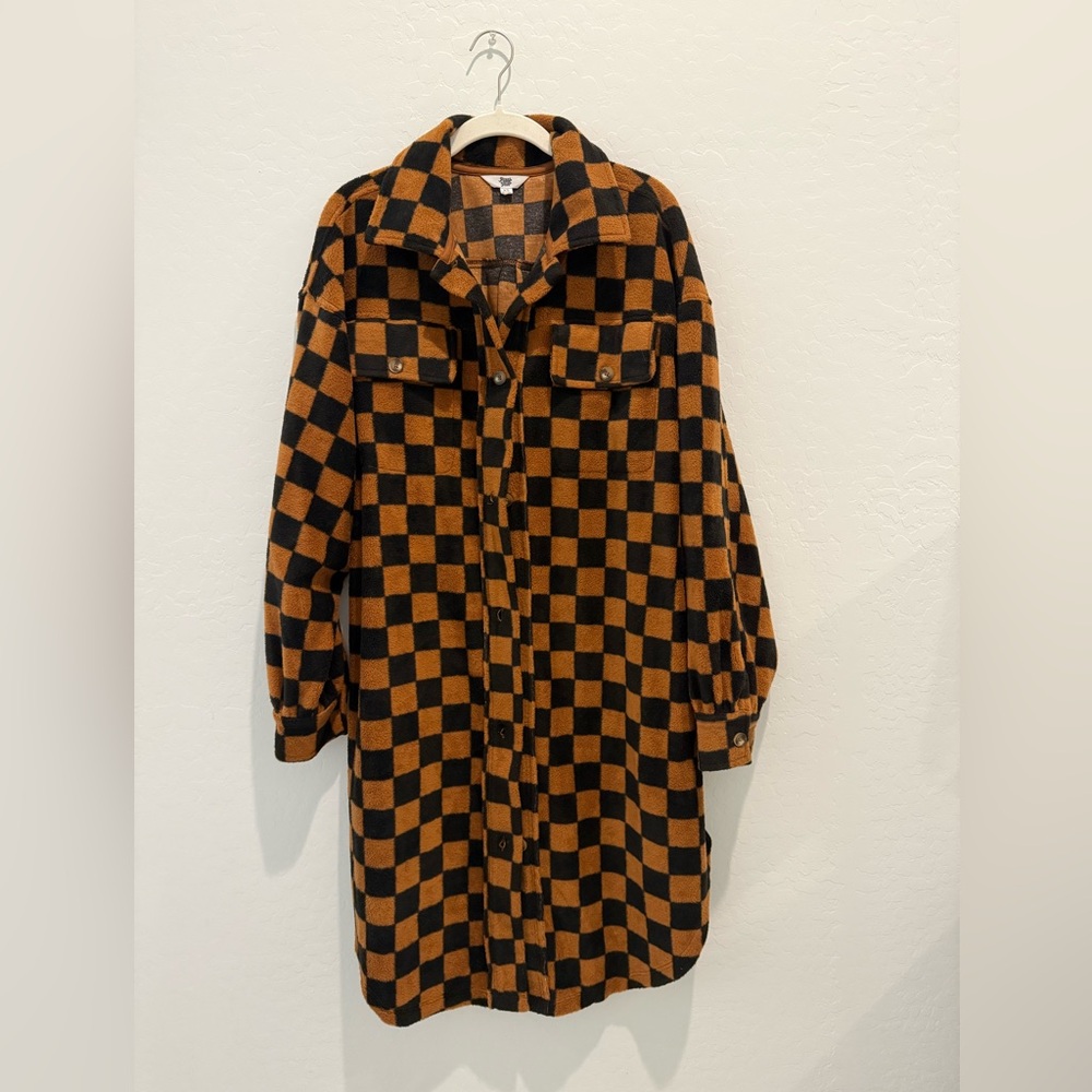 ASCOT AND HART Checkered Long Button Up Sherpa Coat / Jacket NWT